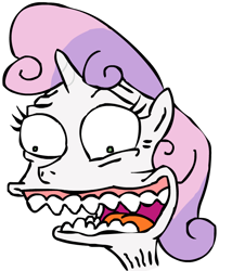 Size: 591x690 | Tagged: safe, artist:corwin, imported from derpibooru, sweetie belle, pony, unicorn, creepy, cursed image, female, mr. burns, simple background, simpsons did it, smiling, solo, teeth, the simpsons, white background
