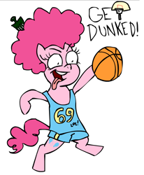 Size: 930x1128 | Tagged: safe, artist:corwin, imported from derpibooru, pinkie pie, earth pony, pony, basketball, bipedal, female, simple background, solo, sports, tongue out, white background
