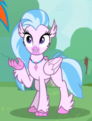 Size: 420x551 | Tagged: safe, imported from derpibooru, screencap, rainbow dash, silverstream, classical hippogriff, hippogriff, pegasus, pony, uprooted, cropped, cute, diastreamies, offscreen character, solo focus