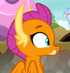 Size: 529x554 | Tagged: safe, imported from derpibooru, screencap, silverstream, smolder, classical hippogriff, dragon, hippogriff, uprooted, cropped, dragoness, female, offscreen character, reaction image, solo focus