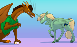 Size: 1296x792 | Tagged: safe, artist:foxenawolf, imported from derpibooru, oc, oc only, oc:mark wells, alicorn, dragon, pony, fanfic:mark my words, alicorn oc, clothes, duo, fanfic art, female, horn, male, shirt, smoking mouth, stallion, wings