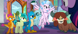 Size: 943x418 | Tagged: safe, imported from derpibooru, screencap, gallus, ocellus, sandbar, silverstream, smolder, twilight sparkle, yona, alicorn, changedling, changeling, classical hippogriff, dragon, earth pony, griffon, hippogriff, pony, yak, uprooted, bow, cloven hooves, colored hooves, cropped, hair bow, jewelry, monkey swings, necklace, student six, twilight sparkle (alicorn)