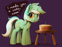 Size: 2100x1600 | Tagged: safe, artist:thebatfang, imported from derpibooru, lyra heartstrings, pony, unicorn, bite mark, cake, cute, female, food, frosting, full body, implied anon, l.u.l.s., lies, looking at you, lyrabetes, mare, messy, solo, stool, talking to viewer