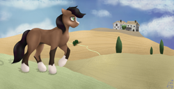 Size: 1600x820 | Tagged: safe, artist:lennystendhal13, imported from derpibooru, oc, oc:lancelot, earth pony, pony, house, male, solo, stallion