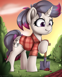 Size: 1736x2166 | Tagged: safe, artist:felixf, imported from derpibooru, oc, oc only, oc:hazel radiate, pony, unicorn, bow, commission, commissioner:biohazard, female, filly, foal, horn, mare, pony oc, ponytail, shovel, solo, tail, tail bow, unicorn oc, ych result