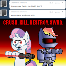 Size: 500x500 | Tagged: safe, artist:scramjet747, imported from derpibooru, rainbow dash, sweetie belle, pegasus, pony, robot, robot pony, unicorn, .mov, magic.mov, angry, anonymous, bipedal, crush kill destroy swag, female, filly, foal, frown, horn, jetpack, mare, multicolored hair, pony.mov, r-dash 5000, rainbot dash, rainbow hair, sweetie bot, sweetie bot replies, text, tumblr, xk-class end-of-the-world scenario