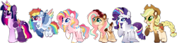 Size: 1995x490 | Tagged: safe, artist:foxklt, imported from twibooru, applejack, fluttershy, pinkie pie, rainbow dash, rarity, twilight sparkle, alicorn, earth pony, pegasus, pony, unicorn, applejack's hat, bandage, braid, braided pigtails, braided tail, coat markings, colored hooves, colored wings, cowboy hat, crown, deer tail, ear piercing, facial markings, feathered fetlocks, female, flower, flutterdeer, flying, folded wings, gradient wings, group, hat, image, jewelry, line-up, mane six, mare, missing cutie mark, multicolored hair, multicolored hooves, multicolored wings, pale belly, piercing, png, raised hoof, redesign, regalia, scar, simple background, smiling, sparkly eyes, spread wings, standing, tail feathers, transparent background, unshorn fetlocks, white outline, wings