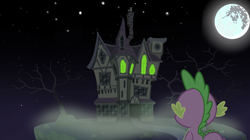 Size: 5360x3008 | Tagged: safe, artist:boogeyboy1, imported from derpibooru, spike, dragon, haunted house, mist, moon, night, worried