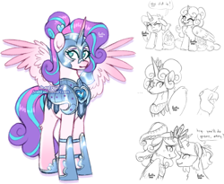 Size: 996x817 | Tagged: safe, artist:foxklt, imported from twibooru, princess flurry heart, oc, oc:starberry, alicorn, pony, unicorn, armor, colored wings, crown, female, filly, gradient wings, image, jewelry, mare, next generation, older, older flurry heart, png, regalia, simple background, sketch, spread wings, standing, talking, white background, wings
