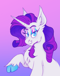Size: 950x1188 | Tagged: safe, artist:motionwaltz, imported from twibooru, rarity, pony, unicorn, chest fluff, cloven hooves, colored hooves, eyeshadow, facial hair, female, goatee, gradient background, image, looking at you, makeup, mare, png, pride, pride flag, smiling, solo, trans female, transgender pride flag, unshorn fetlocks