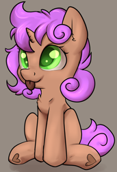 Size: 1408x2056 | Tagged: safe, artist:dumbwoofer, imported from twibooru, oc, oc only, oc:bristlecone, pony, unicorn, :p, chest fluff, ear fluff, female, filly, foal, heart, heart hoof, image, png, simple background, sitting, solo, tongue out, underhoof