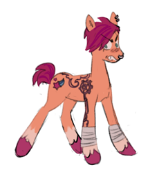 Size: 1280x1394 | Tagged: safe, artist:arrgh-whatever, imported from twibooru, sunny starscout, earth pony, pony, angry, arcane, bandage, colored hooves, crossover, ear piercing, female, g5, image, league of legends, mare, nose piercing, nose ring, piercing, png, short hair, simple background, socks (coat marking), solo, tattoo, unshorn fetlocks, white background