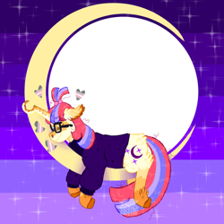 Size: 500x500 | Tagged: safe, artist:punkpride, imported from twibooru, moondancer, pony, unicorn, alternate design, clothes, coat markings, colored hooves, eyes closed, female, floating heart, glasses, heart, image, lying down, mare, moon, night, night sky, on the moon, png, pride flag, sky, smiling, solo, sweater