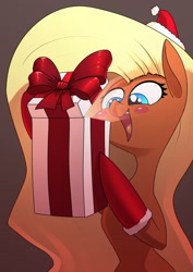 Size: 2480x3508 | Tagged: safe, artist:underpable, oc, oc only, earth pony, pony, blushing, christmas, clothes, female, happy, hat, holiday, mare, open mouth, present, santa hat, simple background, smiling, socks