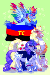 Size: 1400x2100 | Tagged: safe, artist:punkpride, imported from twibooru, applejack, rainbow dash, rarity, earth pony, pegasus, pony, unicorn, alternate design, appledash, bandana, bisexual pride flag, coat markings, colored hooves, colored wings, female, flying, green background, height difference, hoof fluff, image, lesbian, lesbian pride flag, magic, magic aura, mare, multicolored wings, needs more jpeg, polyamory, polyamory pride flag, pride, pride flag, rainbow wings, raridash, rarijack, rarijackdash, shipping, simple background, smiling, standing, transgender pride flag, ugly, wings