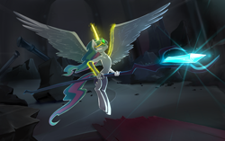 Size: 1200x752 | Tagged: artist needed, safe, imported from derpibooru, oc, oc:mark wells, alicorn, anthro, fanfic:off the mark, glow, glowing horn, horn, not celestia, solo, spread wings, staff, staff of sacanas, wings