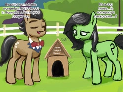 Size: 2048x1535 | Tagged: safe, artist:phutashi, imported from derpibooru, filthy rich, oc, oc:anon-mare, earth pony, pony, dialogue, dog house, doghouse, duo, female, male, mare, newbie artist training grounds, stallion