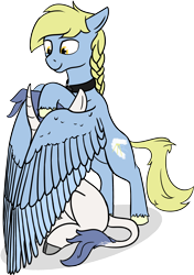 Size: 2172x3083 | Tagged: safe, artist:barhandar, imported from twibooru, oc, oc:windswept skies, oc:yodi, classical unicorn, pegasus, pony, unicorn, bipedal, bipedal leaning, braid, cloven hooves, collar, curved horn, duo, horn, hug, image, leaning, leonine tail, male, png, simple background, sitting, stallion, transparent background, unshorn fetlocks, winghug