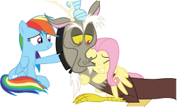 Size: 800x487 | Tagged: safe, imported from derpibooru, discord, fluttershy, rainbow dash, draconequus, pegasus, pony, eyebrows, eyes closed, female, folded wings, grin, hug, male, mare, one wing out, petting, simple background, sitting, smiling, transparent background, trio, wings