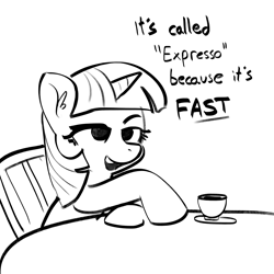 Size: 2250x2250 | Tagged: safe, artist:tjpones, imported from derpibooru, twilight sparkle, pony, unicorn, black and white, coffee, cup, dialogue, espresso, female, grayscale, lidded eyes, mare, misspelling, monochrome, simple background, sketch, solo, unicorn twilight, white background, wrong
