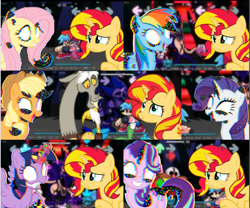 Size: 1387x1155 | Tagged: safe, imported from derpibooru, applejack, discord, fluttershy, rainbow dash, rarity, starlight glimmer, sunset shimmer, twilight sparkle, alicorn, earth pony, pegasus, pony, unicorn, equestria girls, pibby, youtuber:androsonic2