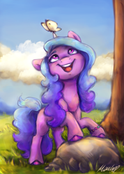 Size: 1567x2204 | Tagged: safe, artist:buttersprinkle, imported from derpibooru, izzy moonbow, butterfly, insect, pony, unicorn, bracelet, butterfly on horn, cloud, cute, female, friendship bracelet, g5, grass, happy, horn, izzybetes, jewelry, looking up, mare, my little pony: a new generation, open mouth, open smile, rock, smiling, solo, tree