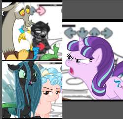 Size: 1310x1269 | Tagged: safe, imported from derpibooru, cozy glow, discord, queen chrysalis, starlight glimmer, changeling, changeling queen, draconequus, pegasus, pony, unicorn, eduardo (eddsworld), female, fight, friday night funkin', male, youtuber:androsonic2