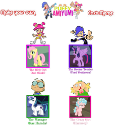 Size: 720x783 | Tagged: safe, artist:pagiepoppie12345, imported from derpibooru, cozy glow, fluttershy, shining armor, twilight sparkle, alicorn, human, pegasus, pony, unicorn, ami onuki, boots, bow, bracelet, cast meme, clothes, collar, crossover, eyes closed, female, filly, flower, foal, girly girl, glasses, guitar, hair bow, hair bun, harmony (hi hi puffy ami yumi), hi hi puffy ami yumi, horn, jewelry, kaz harada, male, mare, microphone, musical instrument, overalls, pants, parody, peace sign, raised hoof, shirt, shoes, simple background, skirt, skull, smiling, spiked collar, spikes, spread wings, stallion, text, tomboy, twilight sparkle (alicorn), white background, wings, wristband, yumi yoshimura