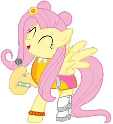 Size: 739x812 | Tagged: safe, artist:pagiepoppie12345, imported from derpibooru, fluttershy, pegasus, pony, ami onuki, boots, bracelet, clothes, dexterous hooves, eyes closed, female, flower, girly girl, gloves, hair bun, hi hi puffy ami yumi, holding, jewelry, mare, microphone, motorcross, noodle arms, shoes, simple background, smiling, spread wings, transparent background, wings, wristband