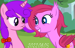 Size: 913x583 | Tagged: safe, artist:dark galaxy, imported from derpibooru, oc, oc:candlelight warmth, oc:cheery bell, bat pony, pony, unicorn, bat pony oc, female, horn, mare, playing, sibling love, sister, sisterly love, unicorn oc