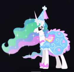 Size: 1536x1488 | Tagged: safe, artist:mixermike622, imported from derpibooru, princess celestia, alicorn, beautiful, black background, bow, clothes, dress, ear piercing, flower, flower in hair, froufrou glittery lacy outfit, girly, happy, hat, hennin, jewelry, majestic, necklace, piercing, princess, simple background