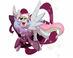 Size: 3362x2689 | Tagged: safe, artist:geraritydevillefort, imported from derpibooru, oc, oc only, oc:blazey sketch, pegasus, birthday gift, blushing, bow, clothes, green eyes, grey fur, hair bow, happy, large wings, long hair, multicolored hair, pegasus oc, simple background, smiling, solo, sparkles, spread wings, sweater, white background, wings