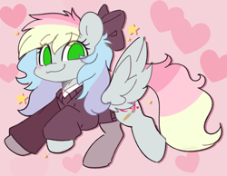 Size: 1406x1089 | Tagged: safe, artist:sakukitty, imported from derpibooru, oc, oc only, oc:blazey sketch, pegasus, birthday gift, blushing, bow, clothes, green eyes, grey fur, hair bow, heart, heart background, multicolored hair, pegasus oc, simple background, small wings, solo, spread wings, sweater, wings