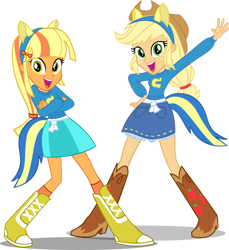 Size: 856x933 | Tagged: safe, artist:deathnyan, imported from derpibooru, applejack, oc, human, equestria girls, boots, clothes, cowboy boots, cowboy hat, hat, headband, helping twilight win the crown, shoes, simple background, socks, solo, sweater, transparent background