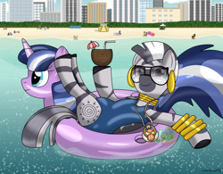 Size: 9030x7030 | Tagged: safe, artist:lynnthenerdkitty, imported from derpibooru, derpy hooves, dj pon-3, doctor whooves, flash sentry, octavia melody, time turner, twilight sparkle, vinyl scratch, zecora, oc, alicorn, earth pony, inflatable pony, pegasus, pony, unicorn, zebra, beach, city, clothes, cute, drink, ear piercing, female, flashlight, glasses, inflatable, inflatable toy, inflatable unicorn, male, mare, neck rings, ocean, one-piece swimsuit, pacifier, piercing, pool toy, shipping, straight, swimsuit, transformation, water, zecorable