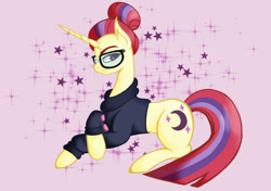 Size: 1024x722 | Tagged: safe, artist:javira-butterfly, imported from derpibooru, moondancer, pony, unicorn, 2017, alternate hairstyle, clothes, crossed legs, female, glasses, hair bun, lidded eyes, mare, old art, solo, sweater