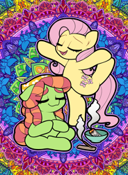 Size: 2480x3366 | Tagged: safe, artist:moozua, imported from derpibooru, fluttershy, tree hugger, earth pony, pegasus, pony, duo, duo female, eyes closed, female, incense, mare, sage, tail, tree stoner