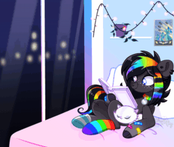 Size: 2000x1692 | Tagged: safe, artist:helithusvy, edit, imported from derpibooru, oc, oc only, cat, pegasus, pony, animated, base used, bed, book, city, cityscape, clothes, commission, female, gif, mare, open book, pegasus oc, pet, rainbow socks, reading, shooting star, socks, striped socks, window, ych result