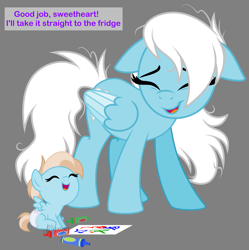 Size: 2724x2739 | Tagged: safe, artist:feather_bloom, imported from derpibooru, oc, oc only, oc:feather_bloom, oc:hazel_nut, pegasus, pony, baby, baby pony, crayons, drawing, duo, floppy ears, messy mane, tired