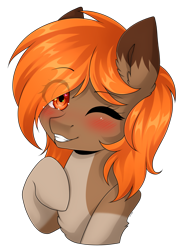 Size: 3295x4430 | Tagged: safe, artist:torihime, imported from derpibooru, oc, oc only, oc:autumn breeze, earth pony, pony, blushing, brown coat, bust, chest fluff, coat markings, colored eartips, ear fluff, eye clipping through hair, eyebrows, eyebrows visible through hair, female, heart, heart eyes, looking at you, mare, one eye closed, orange eyes, orange mane, pale belly, simple background, smiling, smiling at you, socks (coat markings), solo, transparent background, wingding eyes, wink, winking at you