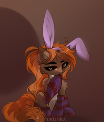 Size: 3000x3500 | Tagged: safe, artist:purlinka, imported from derpibooru, oc, oc only, oc:autumn breeze, earth pony, pony, bunny ears, clothes, socks, solo, striped socks