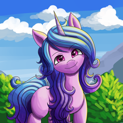 Size: 1500x1500 | Tagged: safe, artist:zachc, imported from derpibooru, izzy moonbow, pony, unicorn, cloud, female, g5, looking at you, mare, outdoors, sky, smiling, smiling at you, solo