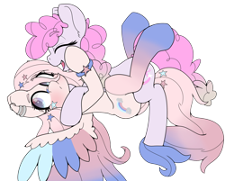 Size: 2757x2221 | Tagged: safe, artist:gnashie, imported from derpibooru, oc, oc only, oc:crystal star, oc:glitter sketch, earth pony, pegasus, blushing, bracelet, clothes, colored wings, ear piercing, earring, earth pony oc, eyes closed, gradient eyes, gradient mane, happy, jewelry, looking away, lying down, on back, open mouth, pegasus oc, piercing, redraw, simple background, socks, tackle hug, transparent background, wings