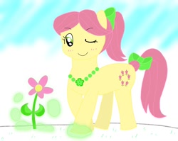 Size: 1200x953 | Tagged: safe, artist:cute_ponies, imported from derpibooru, earth pony, pony, adoraposey, blushing, bow, earth pony magic, female, flower, g5, hair bow, jewelry, magic, mare, necklace, one eye closed, ponytail, posey bloom, solo, tail, tail bow