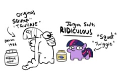 Size: 1174x706 | Tagged: safe, artist:jargon scott, artist:tjpones, imported from derpibooru, twilight sparkle, pony, unicorn, bing bong, female, filly, filly twilight sparkle, food, jar, mayonnaise, miracle whip, sauce, simple background, sketch, solo, squatpony, stylistic suck, twiggie, unicorn twilight, white background, younger