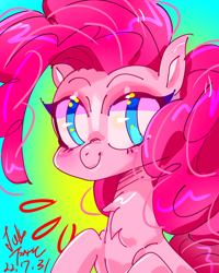 Size: 1080x1350 | Tagged: safe, artist:jully-park, derpibooru exclusive, imported from derpibooru, pinkie pie, earth pony, pony, curly hair, female, g4, pinkamena diane pie, rainbow, signature, simple background, smiling, solo