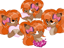 Size: 1841x1382 | Tagged: safe, artist:nackliza, imported from derpibooru, oc, oc only, oc:autumn breeze, earth pony, pony, bow, hair bow, heart, heart pillow, hearts and hooves day, pillow, simple background, solo, tongue out, white background