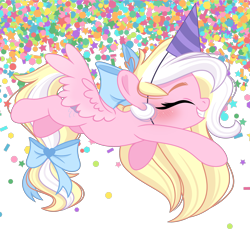 Size: 2732x2499 | Tagged: safe, artist:emberslament, imported from derpibooru, oc, oc only, oc:bay breeze, pegasus, pony, blushing, bow, confetti, cute, eyes closed, female, hair bow, hat, long mane, mare, party hat, pegasus oc, simple background, smiling, solo, tail, tail bow, transparent background, wings