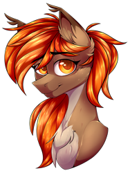 Size: 2148x2856 | Tagged: safe, artist:goddamncat, imported from derpibooru, oc, oc only, oc:autumn breeze, earth pony, pony, brown coat, bust, chest fluff, colored eartips, ear fluff, ear tufts, eyebrows, eyebrows visible through hair, female, hair over one eye, looking at you, mare, orange eyes, orange mane, pale belly, simple background, smiling, smiling at you, solo, transparent background