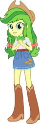 Size: 163x500 | Tagged: safe, imported from derpibooru, apple fritter, human, equestria girls, apple family member, belt, boots, clothes, cowboy boots, cowboy hat, cowgirl, denim, denim skirt, hat, high heel boots, pigtails, shirt, shoes, simple background, skirt, solo, stetson, transparent background